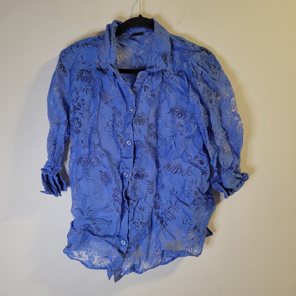 Salon Studio Blue Burnout Floral Button Front Blouse 3/4 Sleeve Sheer Top